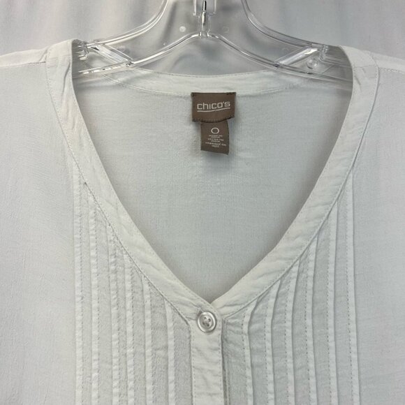 Chicos Women Button-up Blouse White 3/4 Sleeve V Neck Pin Tucks Crochet Lace S/0 - Picture 3 of 11